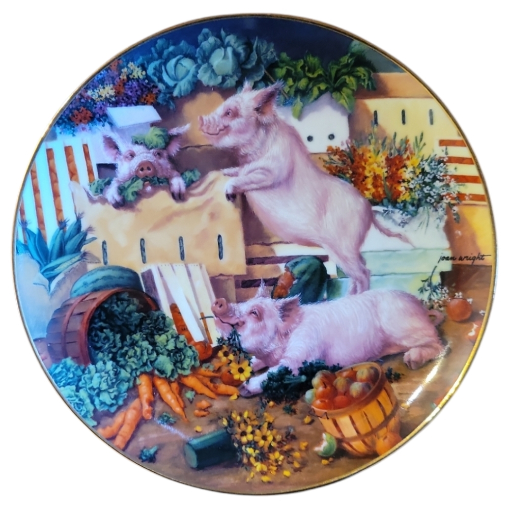 Vtg 97 Pigging Out Joan Wright Pigs In Bloom Danbury Mint Collector Plate Gold